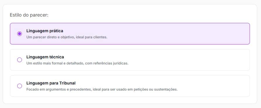 Tela para escolher linguagem do parecer