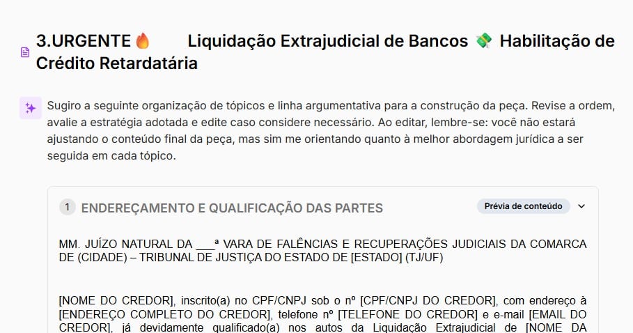 Prévia da habilitação de crédito retardatária feita na Jurídico AI