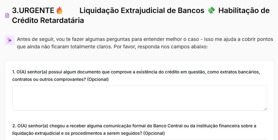 Perguntas opcionais para gerar a habilitação de crédito retardatária