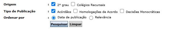 Tela para refinar a pesquisa de jurisprudência no TJSP