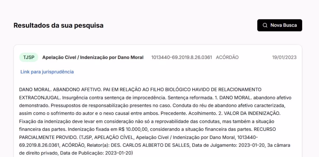Tela com resultado da pesquisa de jurisprudência no TJSP