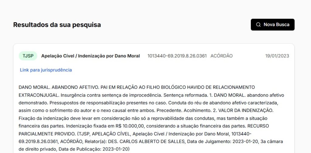 Tela com resultado da pesquisa de jurisprudência no TJSP