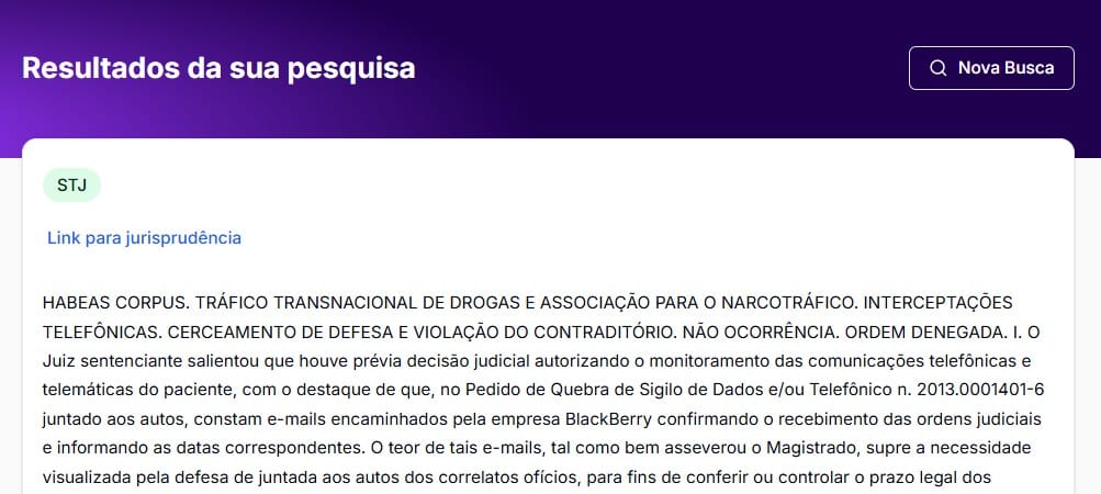 Resultado da busca de jurisprudência na Jurídico AI