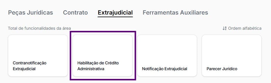 Tela de selecionar habilitação de crédito administativo