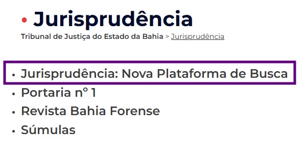 Tela para selecionar jurisprudência na busca do site TJBA