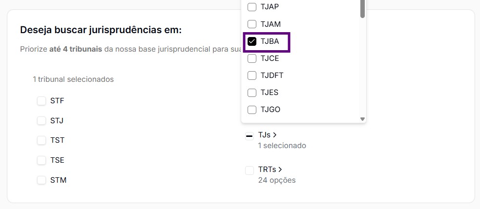 Tela para selecionar TJBA