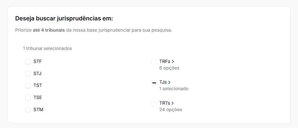 Tela para selecionar tribunal TJSP