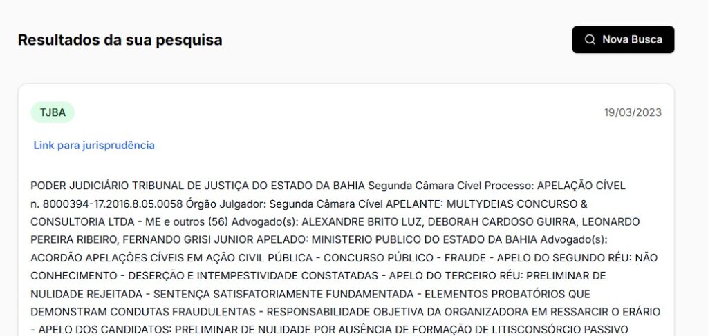Tela para acessar resultados da pesquisa de jurisprudência do TJBA pela Jurídico AI