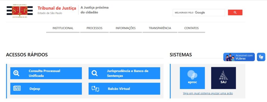 Tela inicial do TJSP