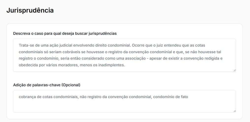 Tela para descrever o caso e por palavras chaves