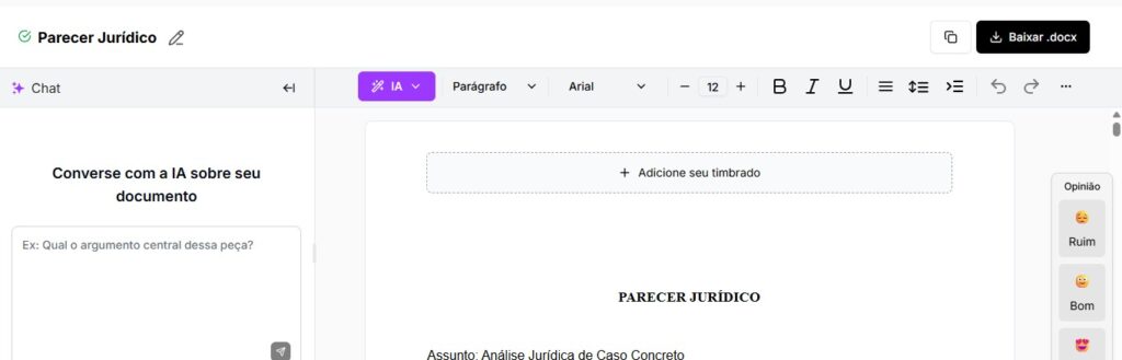 Tela de editar e baixar parecer jurídico