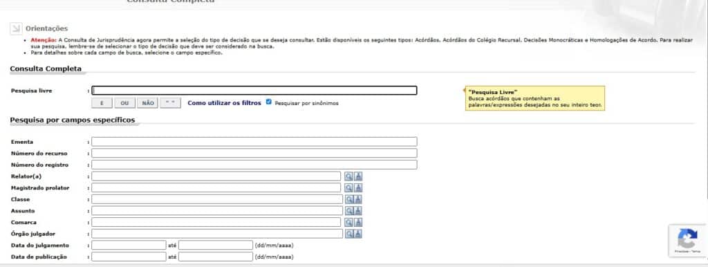 Tela para fazer pesquisa livre de jurisprudência no TJSP