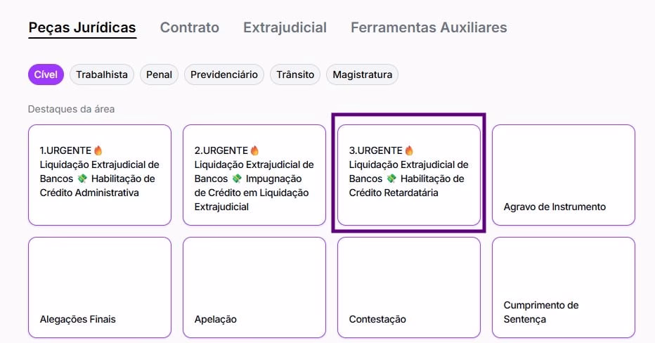 Tela para selecionar habilitação de crédito retardatária