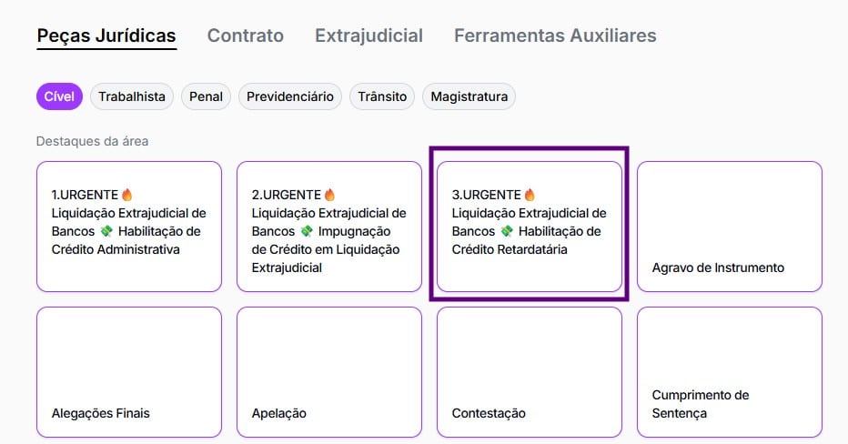 Tela para selecionar habilitação de crédito retardatária