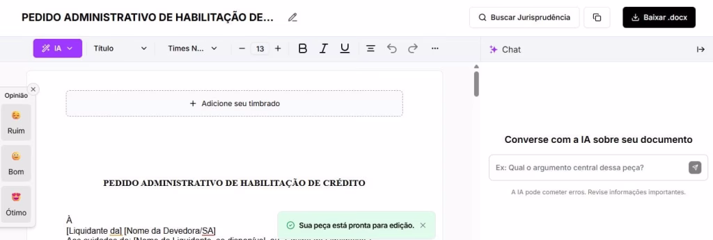Tela para editar e baixar seu pedido administrativo de habilitação de crédito