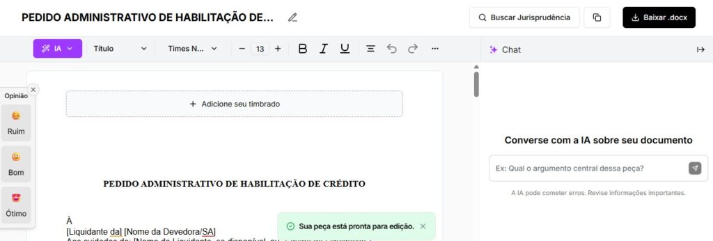 Tela para editar e baixar seu pedido administrativo de habilitação de crédito