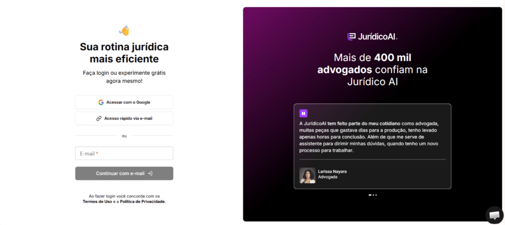 Reclamação Trabalhista na Jurídico, tela da plataforma da jurídico AI.