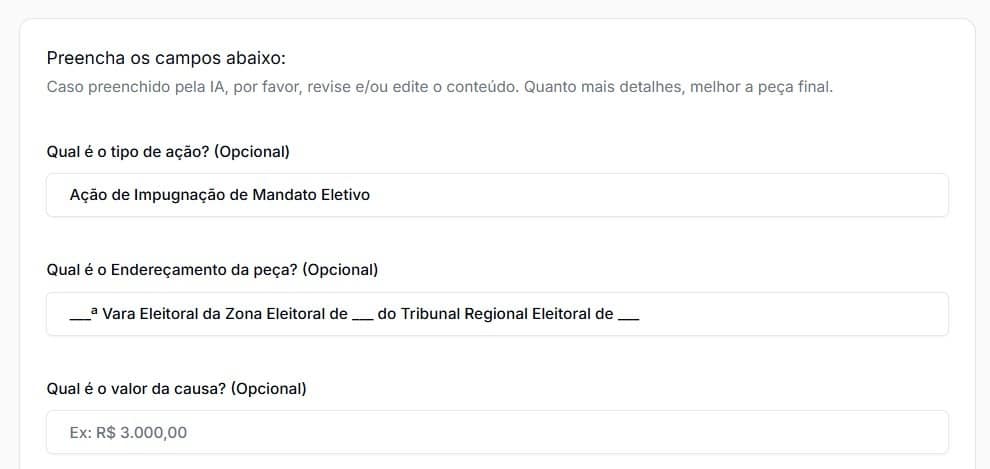 Tela para preencher informações adicionais