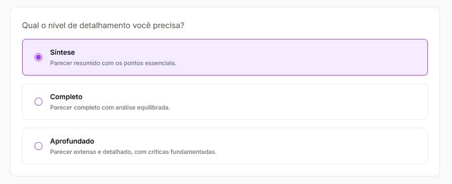 tela para escolher o nível de detalhamento do parecer jurídico