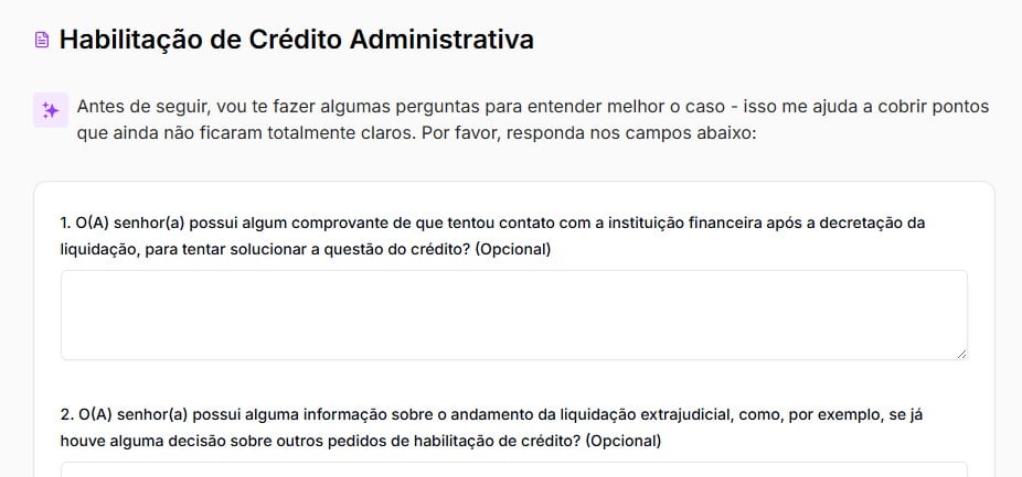 Tela para responder perguntas que podem ajudar a fortalecer a habilitação de crédito administrativo