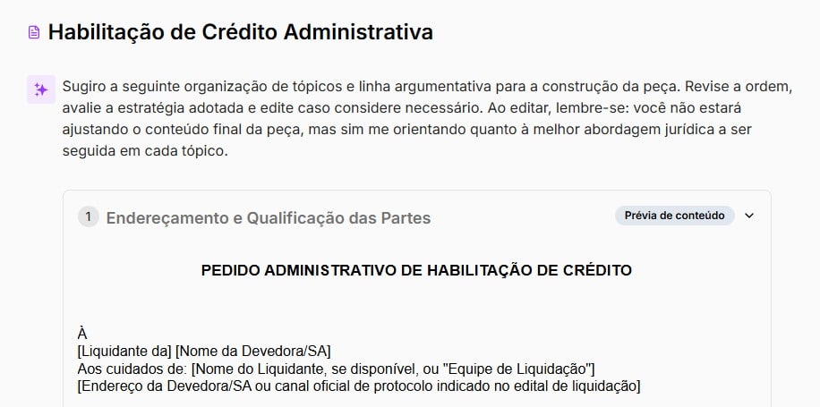 Prévia do pedido administrativo de habilitação de crédito