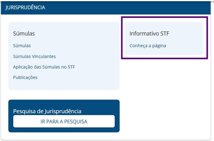 Tela para selecionar informativo do STF