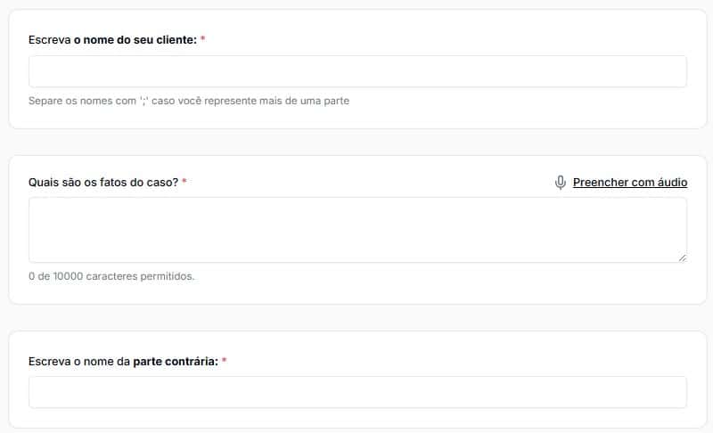 Tela para preencher com os dados do seu caso
