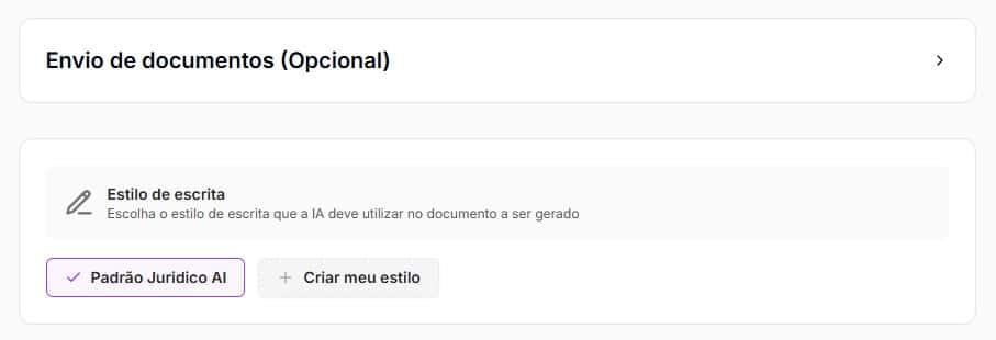 Tela para envio de documentos e escolha do estilo de escrita