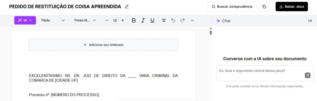 Tela para editar e baixar pedido de restituição de coisa apreendida