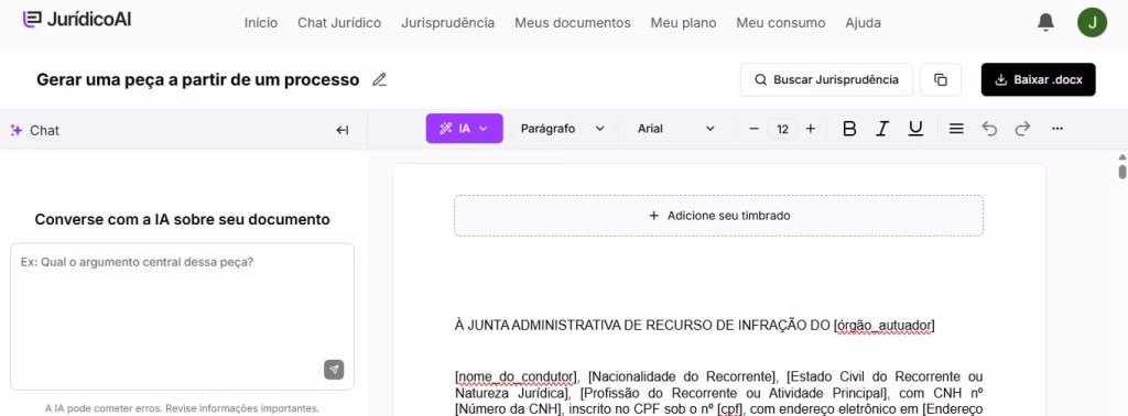 Tela para editar e baixar  recurso à JARI