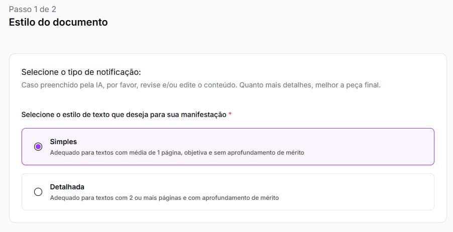 Tela para escolher estilo do documento