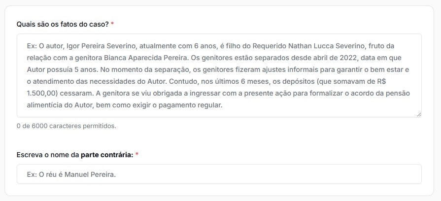 Tela para preencher fatos do caso que levaram a mover uma ação de AIJE