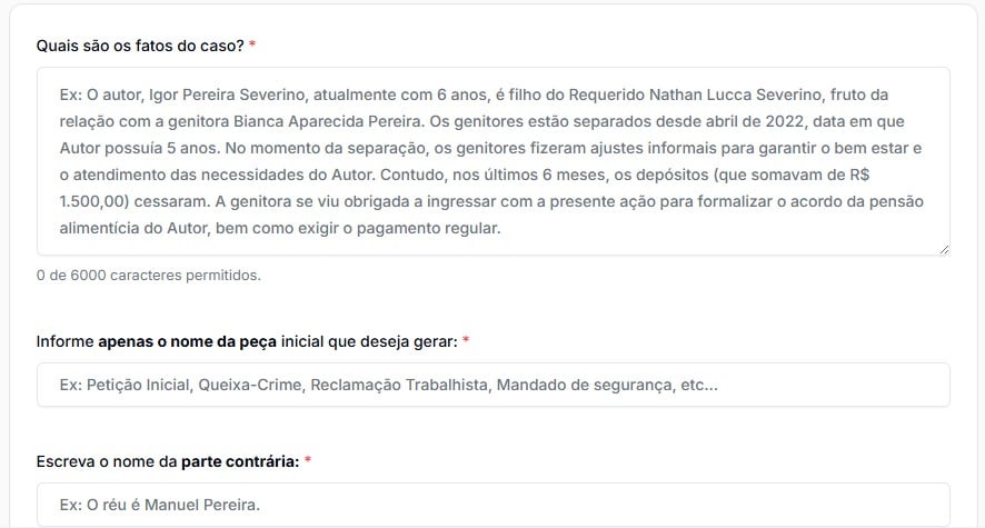 Tela para preencher informações importantes para gerar sua Ação de Impugnação de Registro de Candidatura