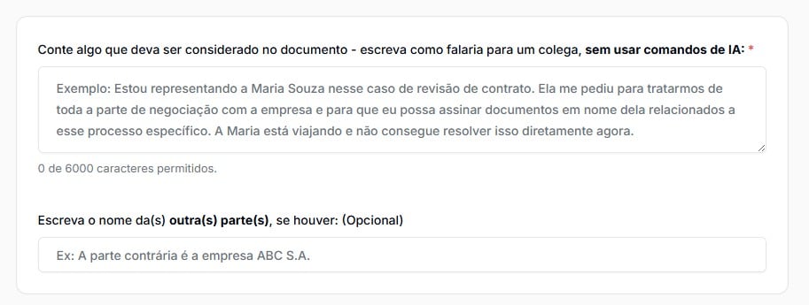 Tela para preencher informações sobre o caso