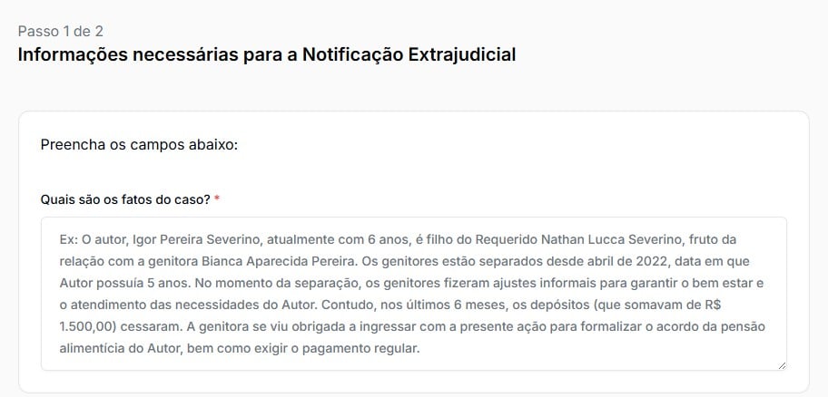 Tela para narrar fatos sobre o caso