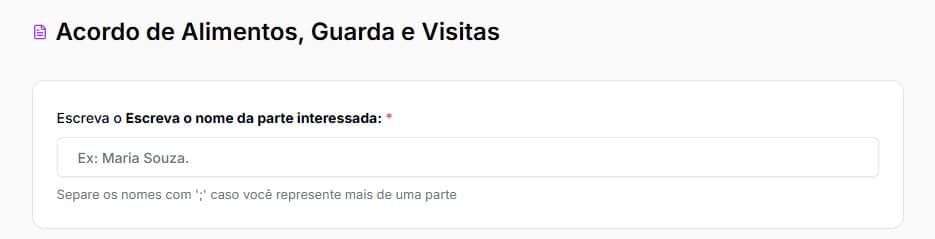 Tela para preencher com nome da parte interessada