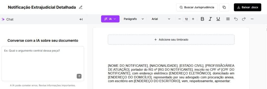 Tela para editar e baixar notificação extrajudicial