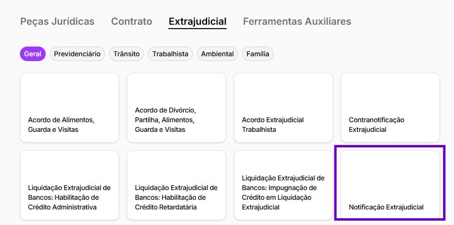 Tela para selecionar notificação extrajudicial