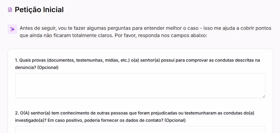 Tela com perguntas opcionais para fundamentar melhor sua aIJE