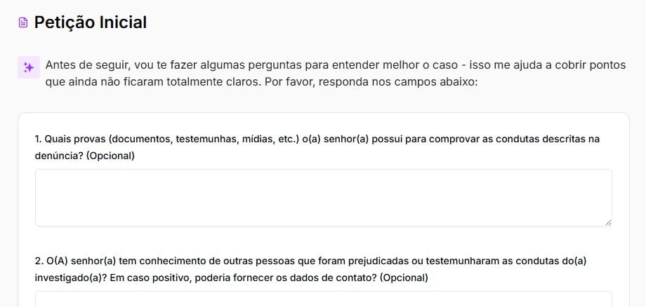 Tela com perguntas opcionais para fundamentar melhor sua aIJE