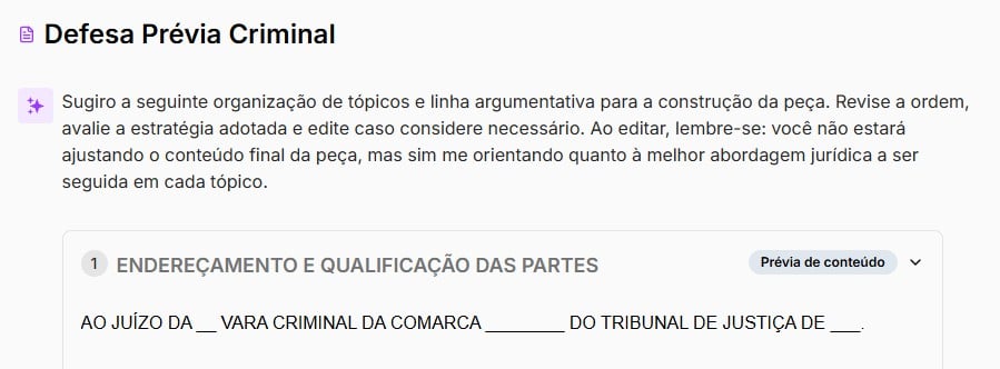 Tela com a prévia da defesa prévia criminal