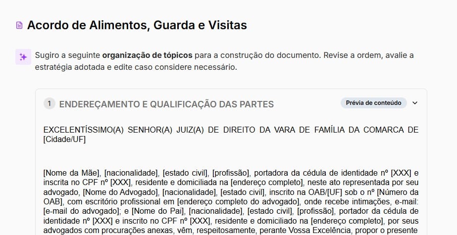 Tela com prévia do acordo de alimentos
