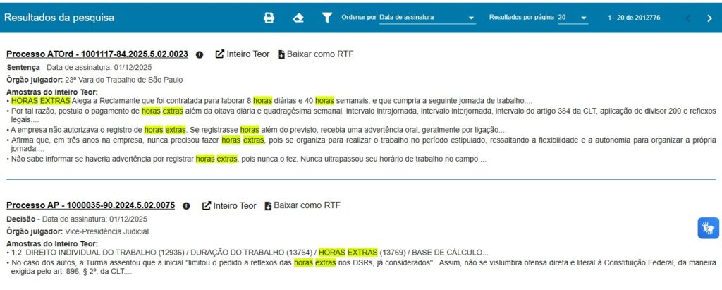 Tela com resultado de busca de jurisprudência no TRT2