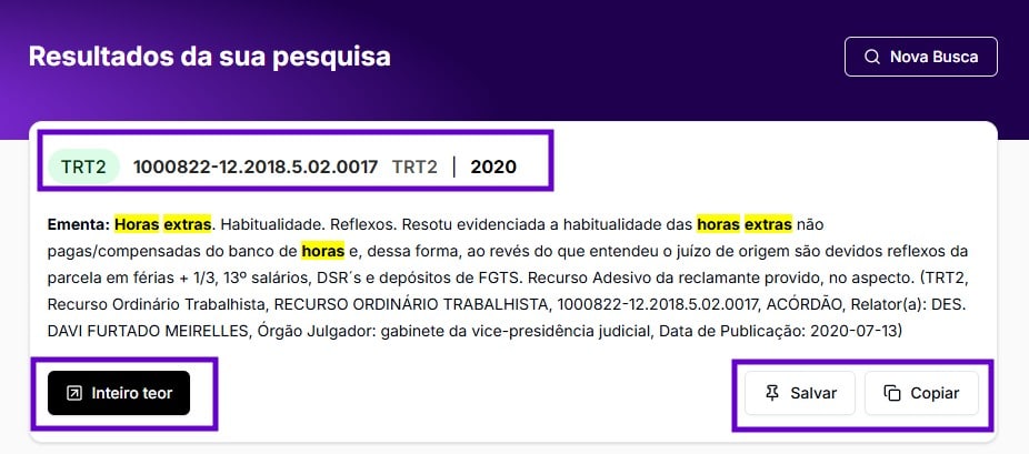 Tela com resultado da busca de jurisprudência na Jurídico AI