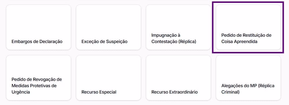 Tela para selecionar pedido de restituição de coisa apreendida