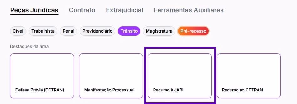 Tela para selecionar Recurso à JARI