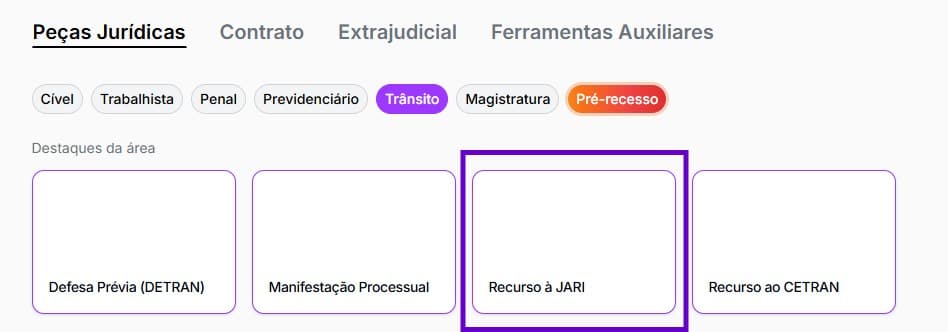 Tela para selecionar Recurso à JARI