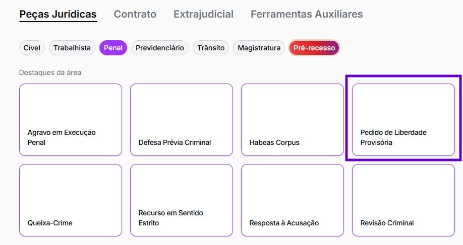Tela para selecionar o pedido de liberdade provisória