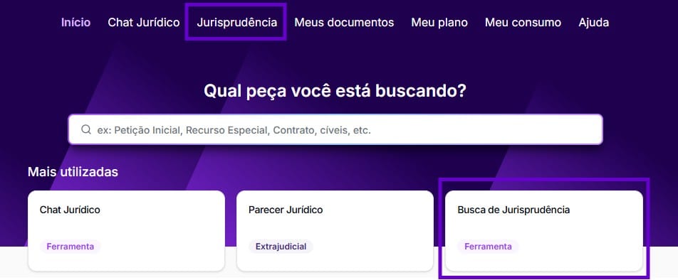 Tela para selecionar busca de jurisprudência