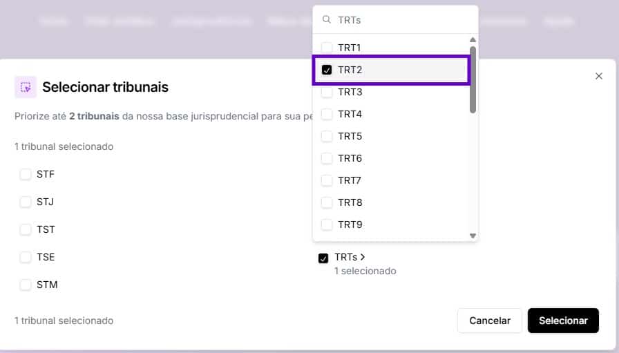 Tela para selecionar tribunais